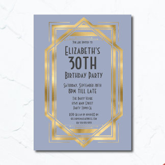 Gatsby 1920s Art Deco Blue | Gold 30th Birthday Invitation