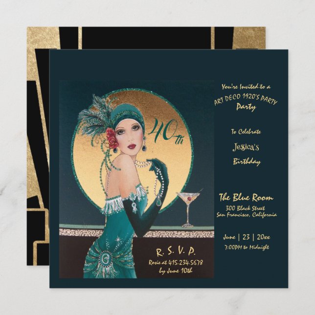 Gatsby Art Deco 40TH Birthday Party Invitations (Front/Back)