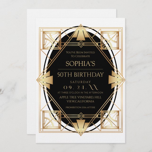 Gatsby Art Deco 50th Birthday Party Invitation (Front/Back)