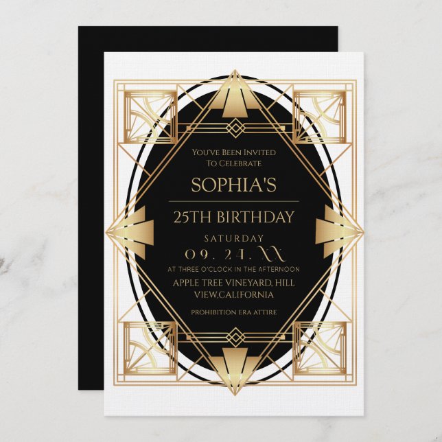 Gatsby Art Deco Black 25th Birthday Party Invitation (Front/Back)
