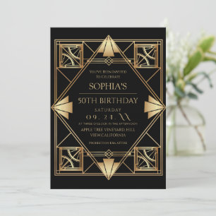 Gatsby Art Deco Black 50th Birthday Party Invitation