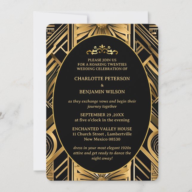 Gatsby Art Deco Black & Gold 1920s Wedding  Invitation (Front)