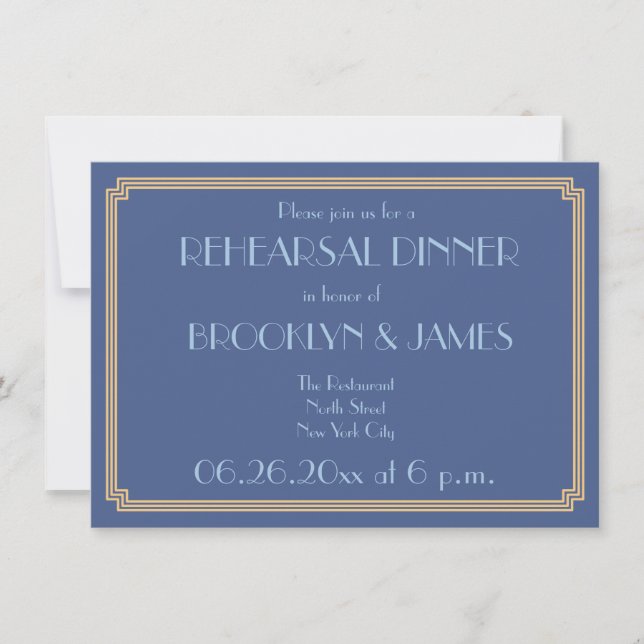 Gatsby Art Deco Blue Wedding Rehearsal Invites (Front)