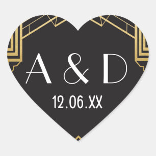 Gatsby Art Deco Heart Stickers Label 1920s Gold