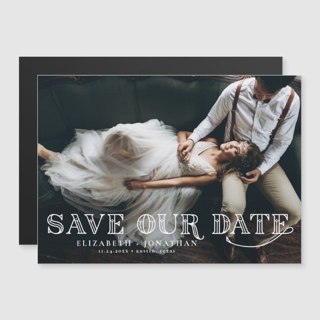 Gatsby Art Deco Lettering Photo Save the Date Magnetic Invitation (Front/Back)