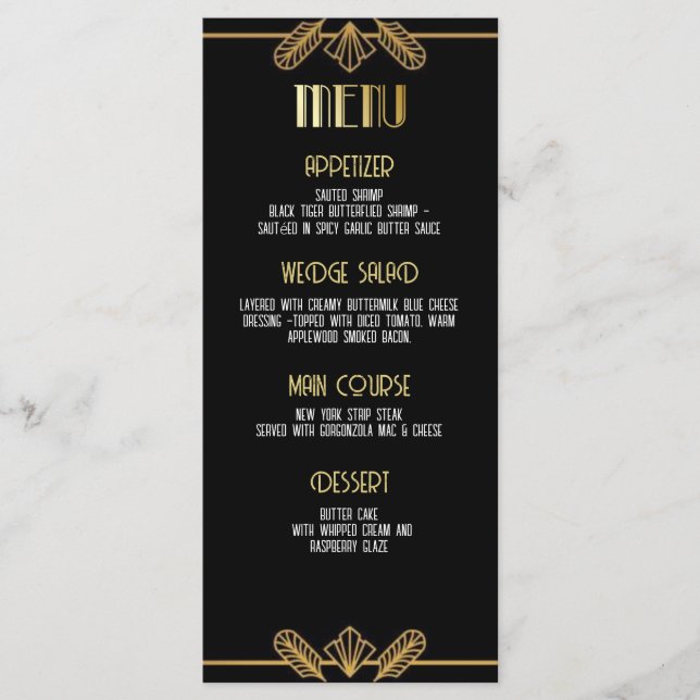 Gatsby, Art Deco, murder mystery, menu (Front)