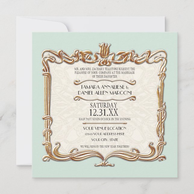 Gatsby Art Deco Nouveau Lace Faux Gold Tulip Invitation (Front)