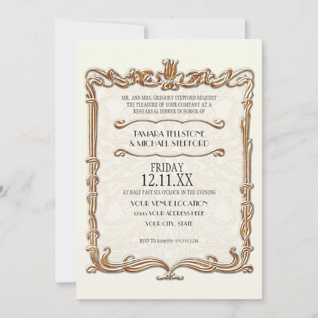 Gatsby Art Deco Nouveau Lace Faux Gold Tulip Invitation (Front)