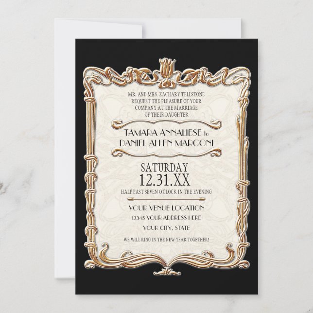 Gatsby Art Deco Nouveau Lace Faux Gold Tulip Invitation (Front)
