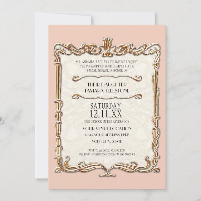 Gatsby Art Deco Nouveau Lace Faux Gold Tulip Invitation (Front)