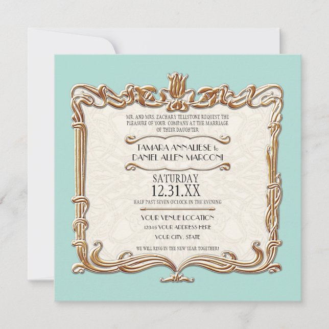 Gatsby Art Deco Nouveau Lace Faux Gold Tulip Invitation (Front)