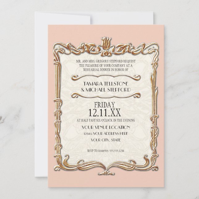 Gatsby Art Deco Nouveau Lace Faux Gold Tulip Invitation (Front)