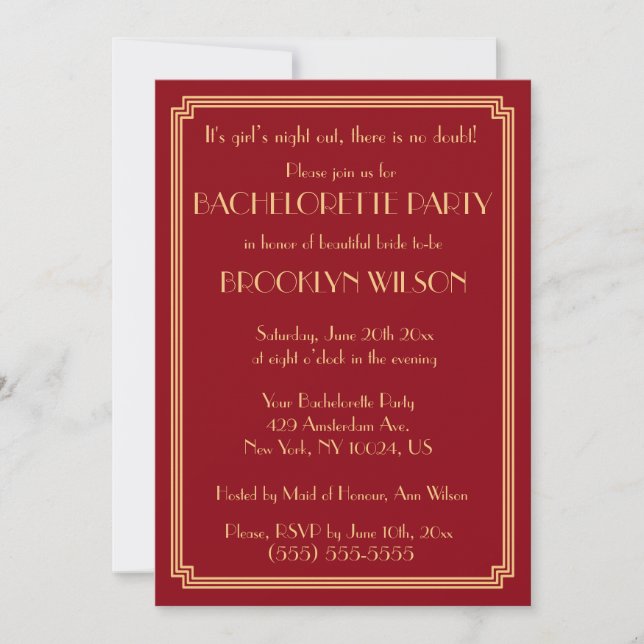 Gatsby Art Deco Red Bachelorette Party Invites (Front)