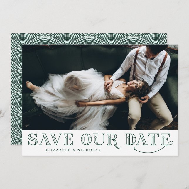 Gatsby Art Deco Typography Green Save the Date (Front/Back)