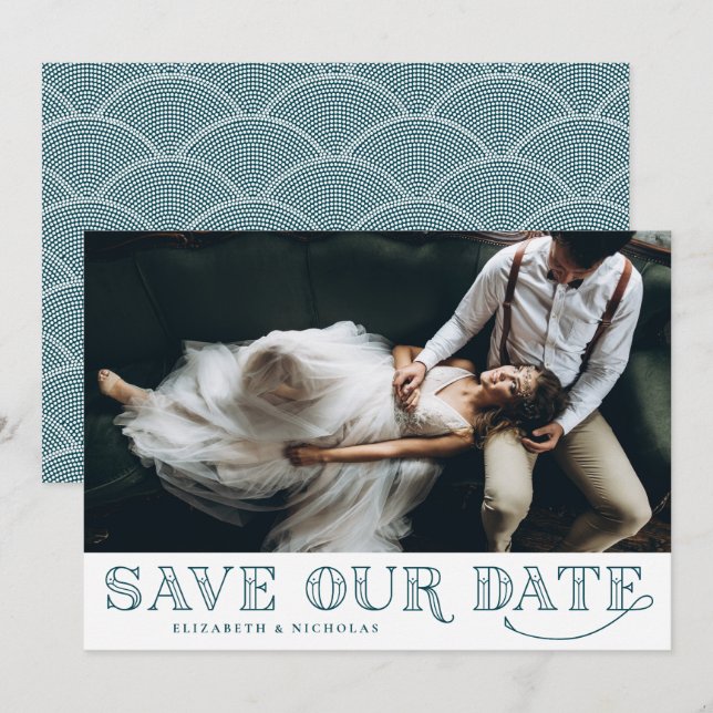 Gatsby Art Deco Typography Teal Save the Date (Front/Back)