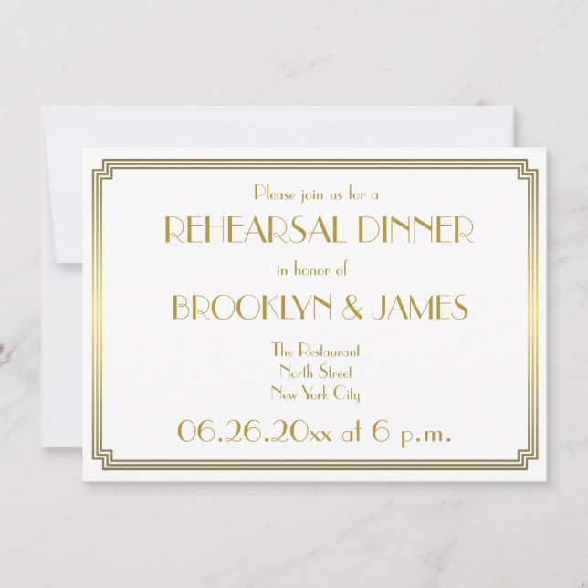 Gatsby Art Deco White Wedding Rehearsal Invites (Front)