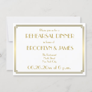 Gatsby Art Deco White Wedding Rehearsal Invites