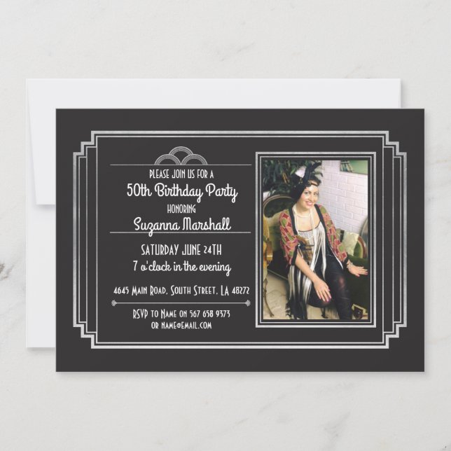 Gatsby Birthday Party 1920's Roaring Silver Invite (Front)