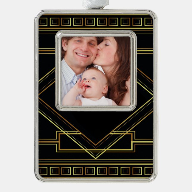 gatsby black and gold geometric pattern art deco silver plated framed ornament (Front)