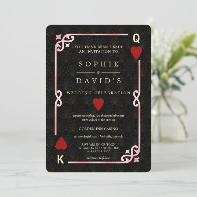 Gatsby Casino Las Vegas Pink Black Poker Wedding  Invitation (Standing Front)