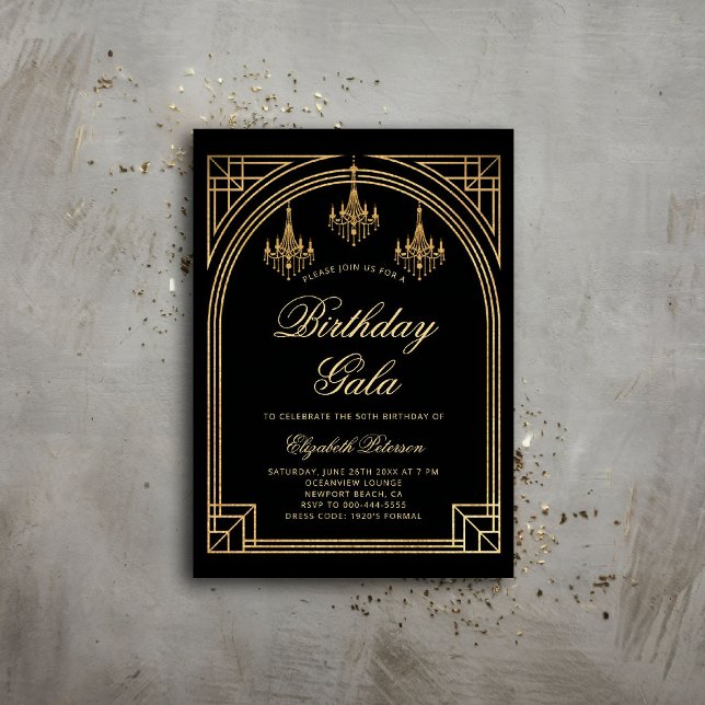 Gatsby Deco Roaring 20s Arch Chandeliers Birthday Invitation (gatsby party invitation roaring 1920 twenties prohibition art deco nouveau frame chandeliers ball)