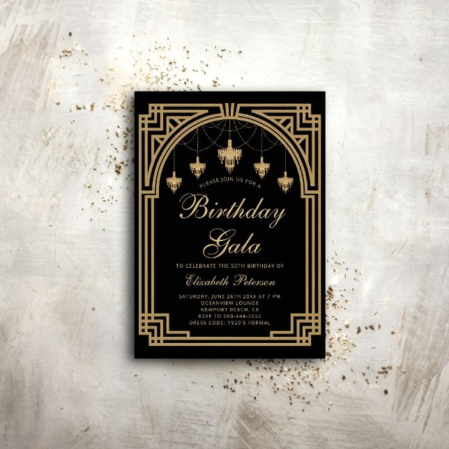 Gatsby Deco Roaring 20s Chandeliers Gold  Birthday Invitation (gatsby party invitation roaring 1920 twenties prohibition deco nouveau chandeliers elegant event)