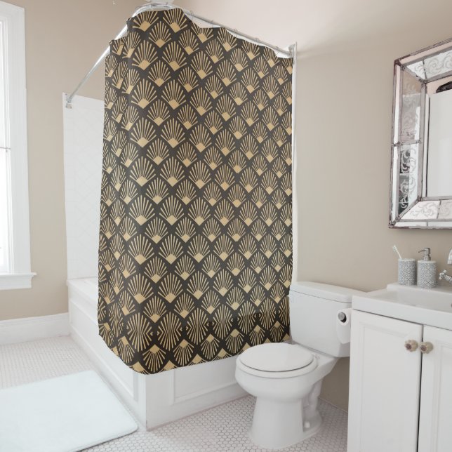 Gatsby Fan Geometric Pattern Gold And Black Shower Curtain (In Situ)