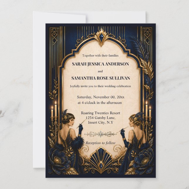 Gatsby flapper blue gold wedding 1920's invitation (Front)