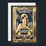 Gatsby flapper girl automobile 1920's party invitation<br><div class="desc">An ornate faux gold art deco style frame has a a beautiful brunette Flapper girl with siny short hair wearing an elegant cap and lots of pearls around her neck. She is framed by intricate line drawings of a city in the background, fireworks and a stylish automobile of the 1920's...</div>