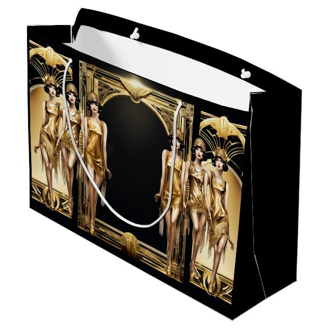 Gatsby flapper girls gold black theme event large gift bag (Back Angled)