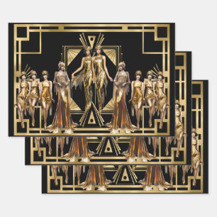 Gatsby flapper girls gold black theme event wrapping paper sheet