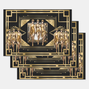 Gatsby gold Flappers black retro 1920's decoupage Wrapping Paper Sheet