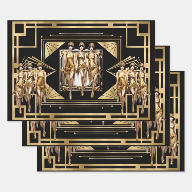 Gatsby gold Flappers black retro 1920's decoupage Wrapping Paper Sheet (Set)