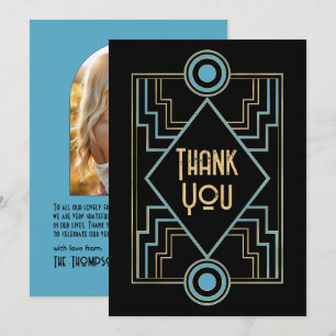 Gatsby-Inspired Art Deco Blue & Gold Wedding Photo Thank You Card