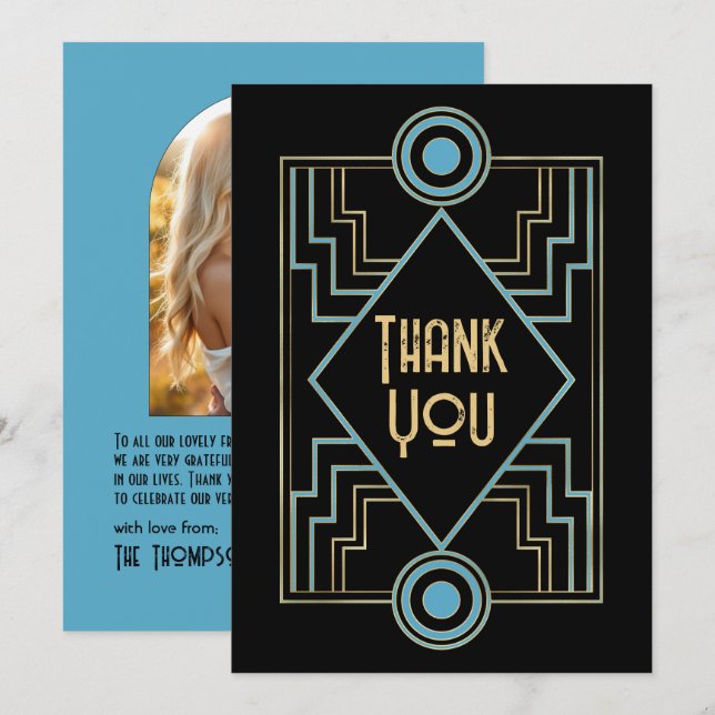 Gatsby-Inspired Art Deco Blue & Gold Wedding Photo Thank You Card (Front/Back)