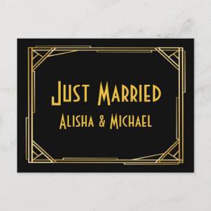 Gatsby Just Married Gold Black Art Deco Wedding Announcement Postcard