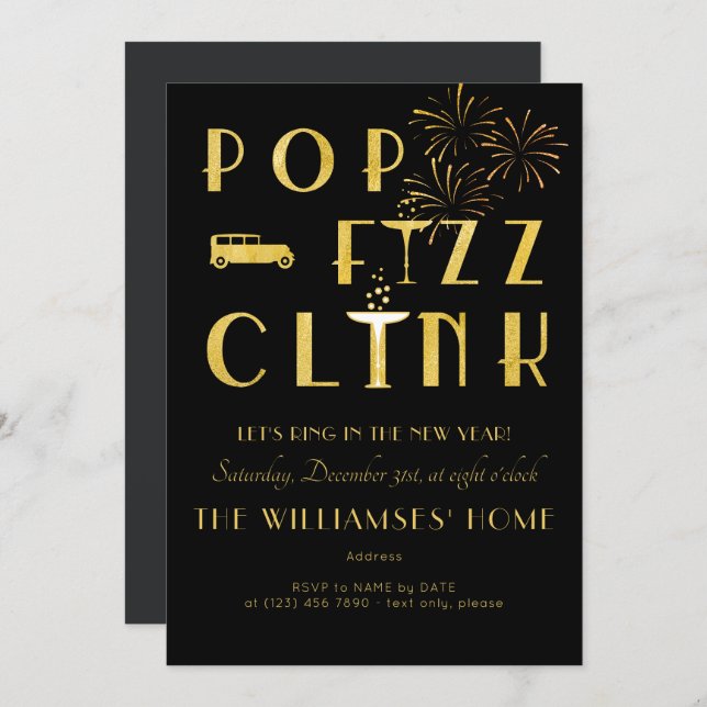 Gatsby Pop Fizz Clink Art Deco New Years Eve Black Invitation (Front/Back)