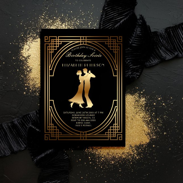 Gatsby Roaring Twenties Art Deco Flapper Birthday Invitation (gatsby party invitation roaring twenties 1920s art deco nouveau frame gold business corporate event)