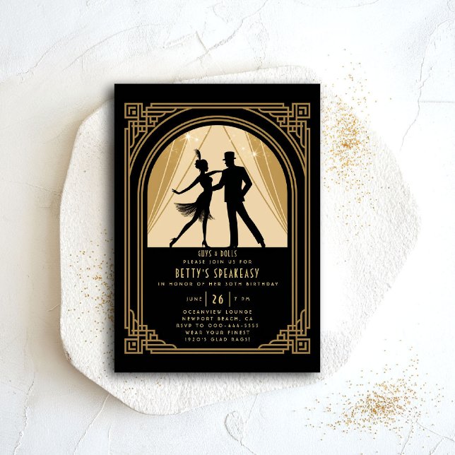 Gatsby Speakeasy Nouveau Flapper Deco Birthday Invitation (gatsby party invitation speakeasy roaring 1920 twenties nouveau deco flapper dance gold)