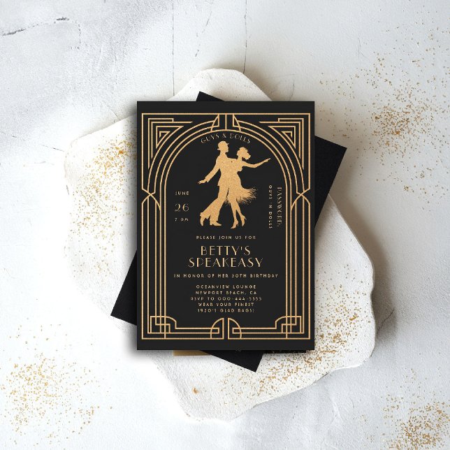 Gatsby Speakeasy Roaring 20 Flapper Dance Birthday Invitation (gatsby party invitation speakeasy roaring 1920 twenties nouveau deco prohibition flapper dance)