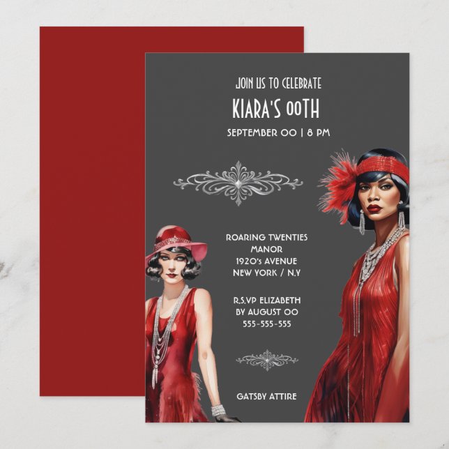 Gatsby theme red grey flapper girls melanin white invitation (Front/Back)
