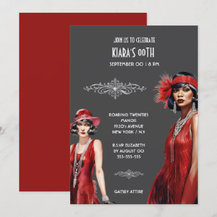 Gatsby theme red grey flapper girls melanin white invitation