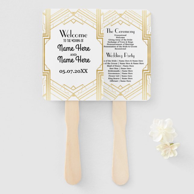 Gatsby White Art Deco Wedding Programme Hand Fan (Front and Back)