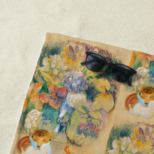 Gauguin Still Life with Cat Vintage Floral Art Beach Towel