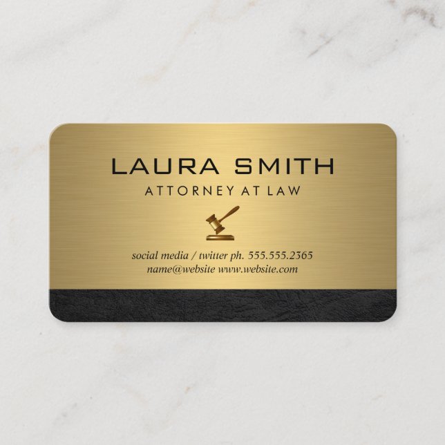 Gavel Icon | Attorney | Gold Metallic Leather Trim Business Card (Front)