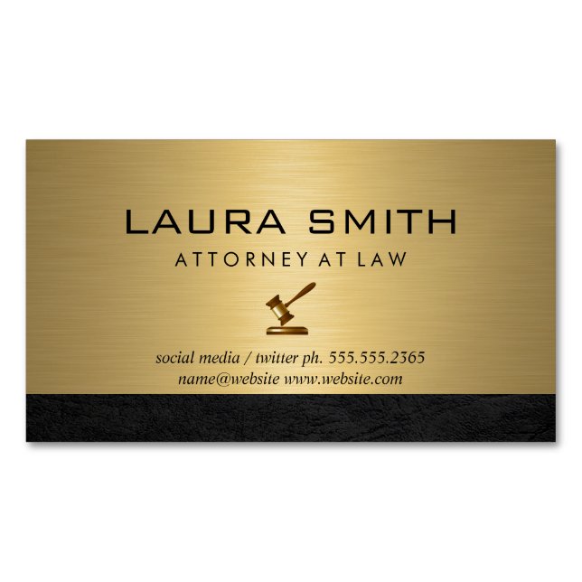 Gavel Icon | Attorney | Gold Metallic Leather Trim Magnetic Business Card (Front)