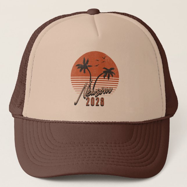Gavin Newsom 2028 For President Palm Tree Sunset Trucker Hat (Front)