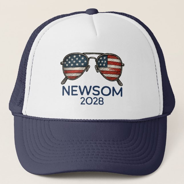 Gavin Newsom 2028 For President Sunglasses Trucker Hat (Front)