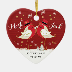 Gay, 1st Christmas as Mr & Mr, Robins Heart Ceramic Tree Decoration