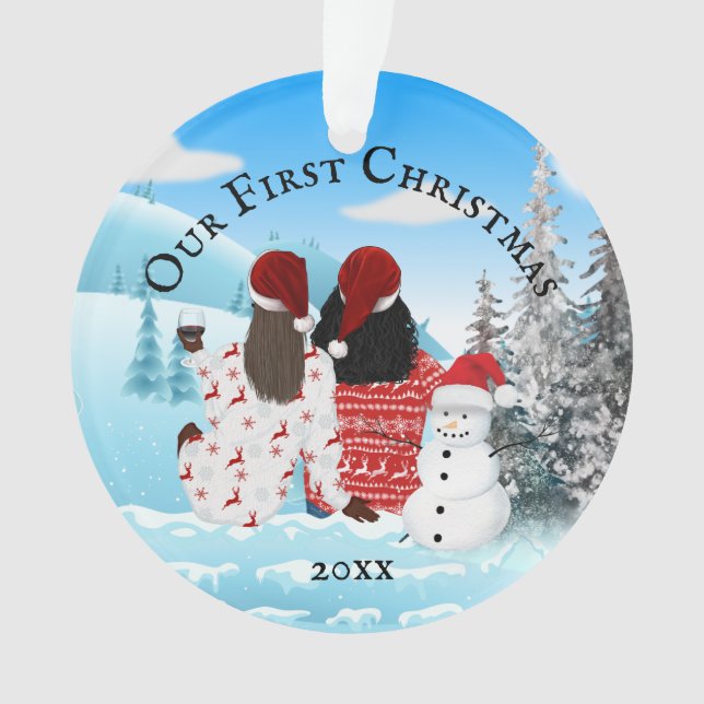 Gay African American couple snowman DIY photo Ornament (Front)